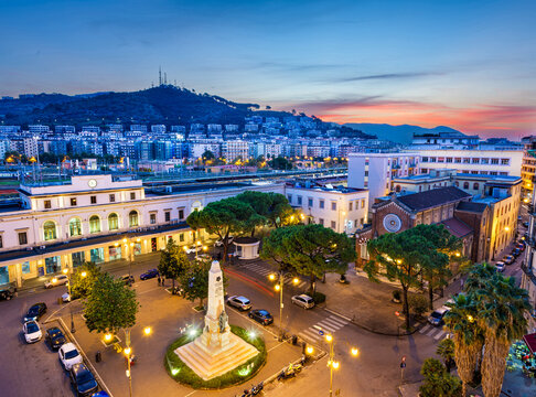 Salerno, Italy cityscape over Piazza Vittorio Veneto and the main station at dawn 94