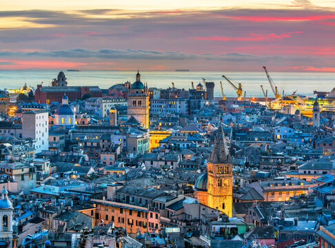 Genova, Italy downtown skyline with historic towers at dusk 88
