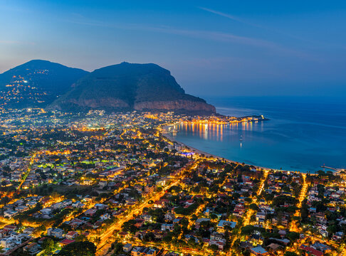 Palermo, Sicily, Italy in the Mondello borough from above at dusk 86