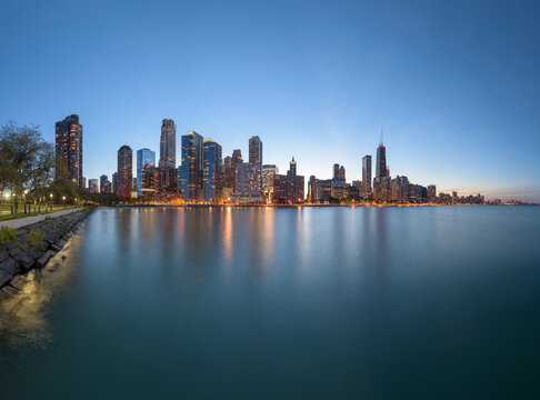 Chicago, Illinois, USA downtown skyline from Lake Michigan at dusk 49