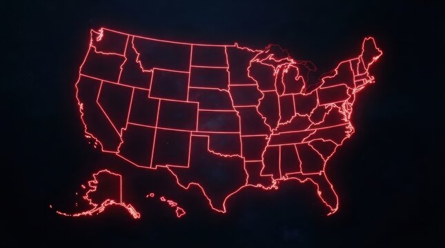 Neon red glowing outline map of the United States on dark background