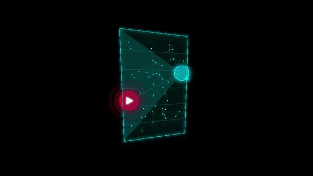 Dark blue interface screen with central play button motion animation