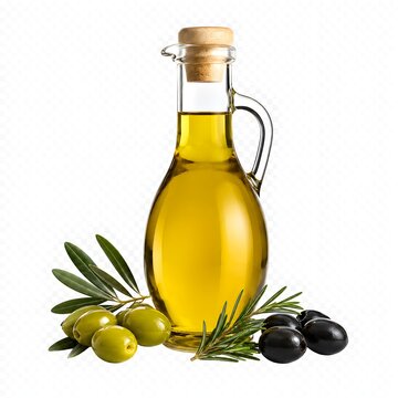 Aceitera y olivas, con rama de olivo, aceite de oliva, sin fondo.