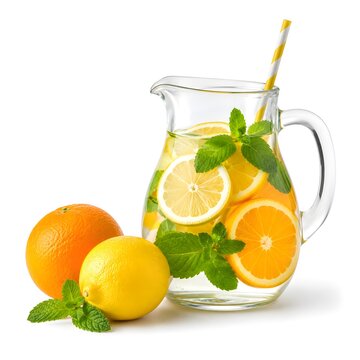 Jarra de agua fresca con rodajas de naranja y de lim&oacute;n. Sin fondo.