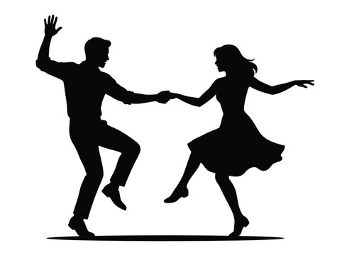 Elegant couple performing lively swing dance moves in this creative black and white vector graphic illustration