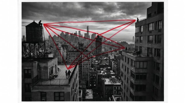 Silhouetted figures watch the skyline from rooftops linked by illustrated red geometric lines