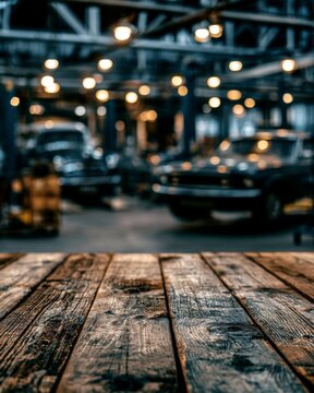Rustic wooden table foreground with blurred classic cars in automotive garage background