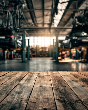 Rustic wooden table foreground with blurred automotive repair garage and cars on lifts