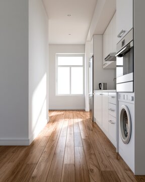 Bright modern narrow kitchen with white cabinets washing machine wooden floor and large window