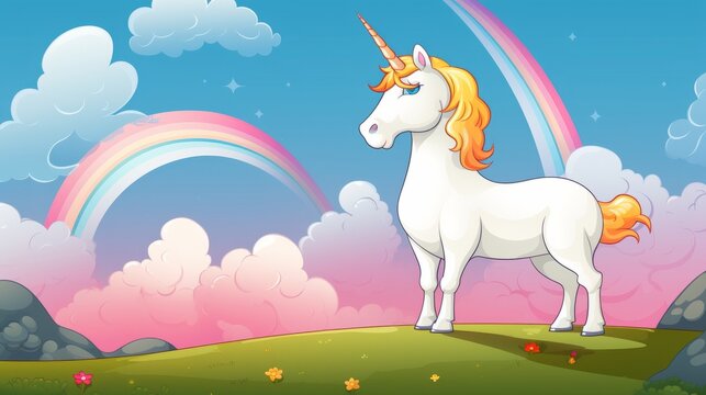 Colorful unicorn standing on a grassy hill under a bright blue sky with fluffy clouds and vibrant rainbows, creating a whimsical and magical atmosphere for fantasy lovers