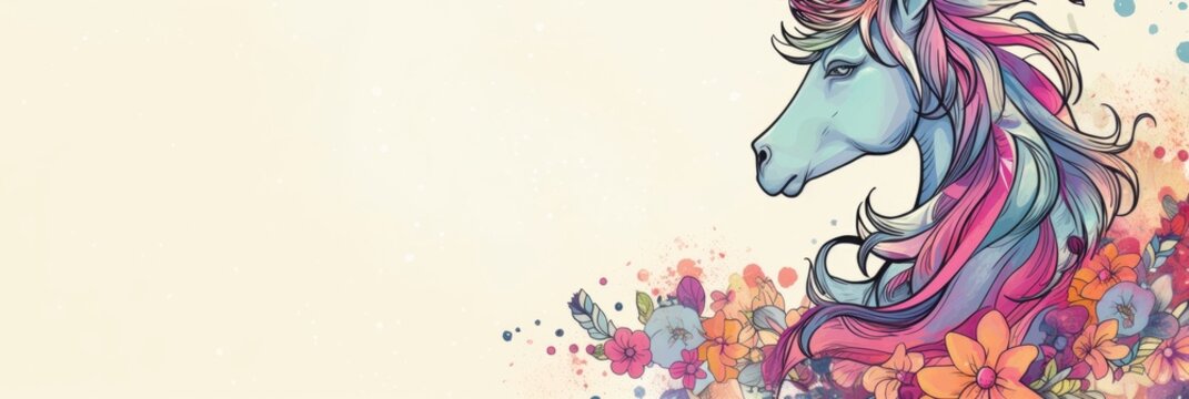 Colorful unicorn illustration with vibrant flowers, showcasing a whimsical design that captures the essence of fantasy and imagination in a playful artistic style