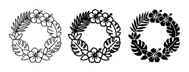 Fototapeta premium Tropical Floral Wreaths, Hawaiian Flower Circles, Summer Leaf Frames, Vector Elements