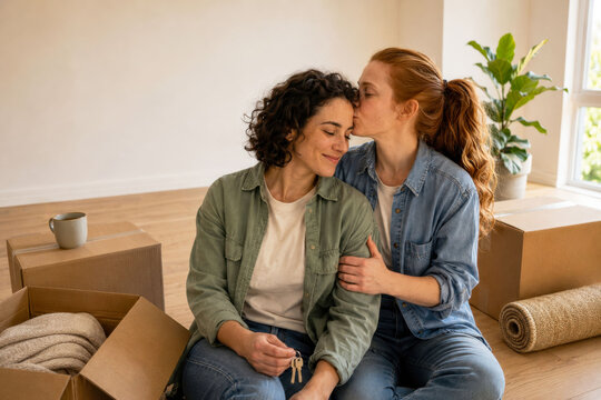 Lesbian Couple Celebrating Moving into Their First Home Together