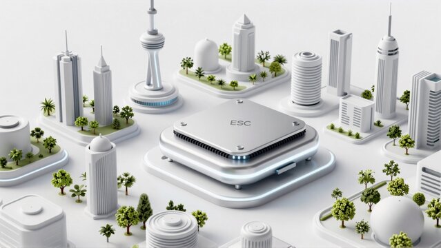 rendering futuristic cityscape various buildings skyscrapers buildings arranged grid like pattern trees bushes scattered throughout center large white device word esc written blue letters device