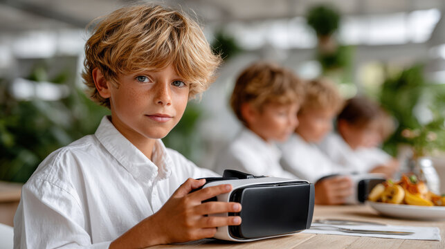 Boy holding a virtual reality headset at a birthday party activity table for party listing banner background