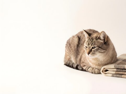 Tabby cat resting on blanket, domestic feline on white background, cozy pet