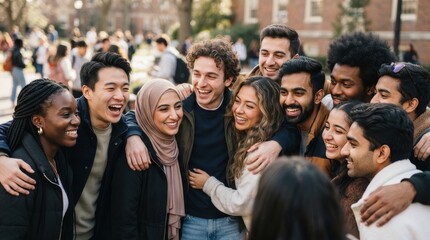 Fototapeta premium Diverse group of happy young students laughing together on university campus