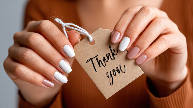 Kraft thank you tag held by hands ready to attach to gift or order for sustainable packaging, ecommerce inserts, product unboxing experiences and handmade business finishing touch