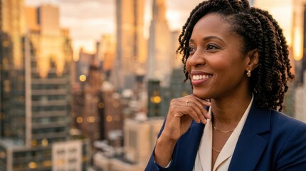 Fototapeta premium Confident businesswoman smiling with cityscape background