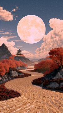 Tang Dynasty Chang&rsquo;an panoramic concept, golden glazed tile river stretching into distance, huge moon rising at horizon, red pomegranate flowers between tiles, commercial asset for exhibition, packagi