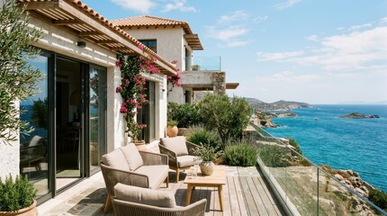 Fototapeta premium Luxury terrace with outdoor furniture overlooking the sea