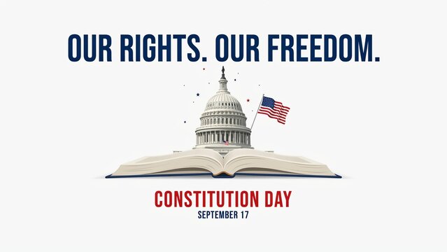 US Constitution Day greeting card with Capitol dome rising from open Constitution book