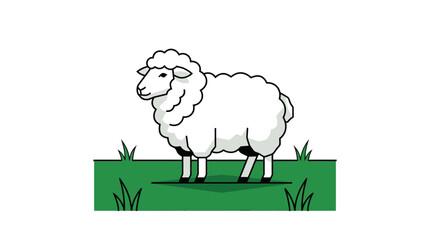 Obraz premium Cute fluffy white sheep standing on green grass field isolated on white background flat cartoon farm animal vector illustration