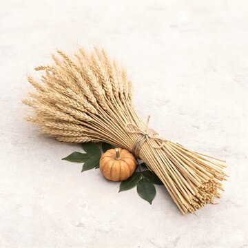 Dried wheat bundle, autumn harvest decor, rustic wheat stalks with mini pumpkin