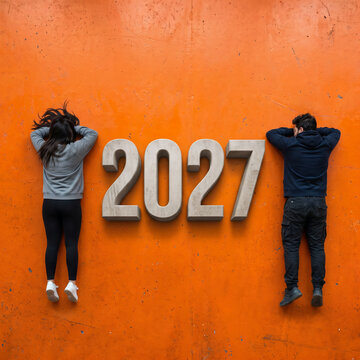 Two young people stand with their backs to the viewer, looking up at large three-dimensional numbers representing the year 2027 on a textured orange wall.