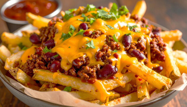 Chili cheese fries loaded with melted cheese, ground beef, and kidney beans. AI