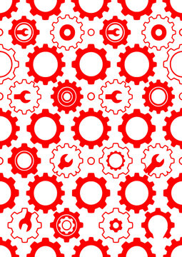Red Mechanical Gears and Wrench Seamless Pattern on Black Background