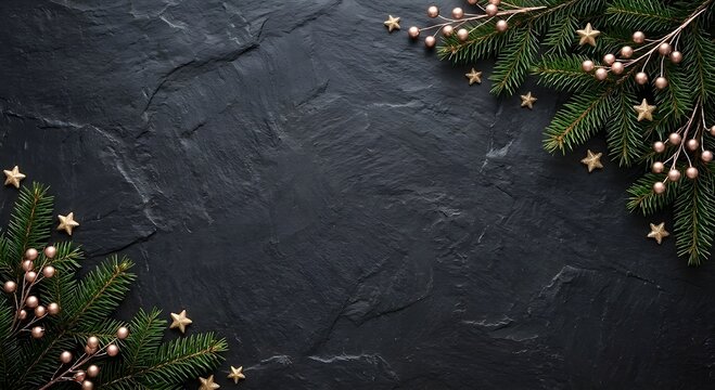 Dark black slate stone Christmas background with fir tree branches rose gold berry twigs and golden stars with copy space for holiday celebration banner