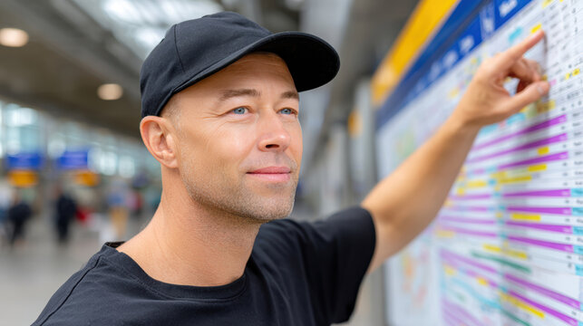 Adult commuter pointing at transit route map and schedule on a station information board to confirm train connections, platform numbers and departure times for efficient city commuting
