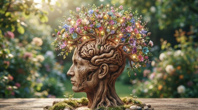 Wooden human head sculpture with blooming tree branches and brain anatomy