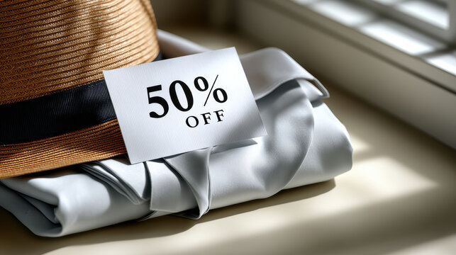 Minimal overhead still life of a 50 percent off sale card on folded clothing and straw hat by a sunny window for retail discount signage and ecommerce promotion