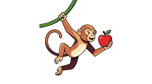Vector illustration of a cute monkey swinging from a vine and holding a red apple, perfect for educational or playful designs