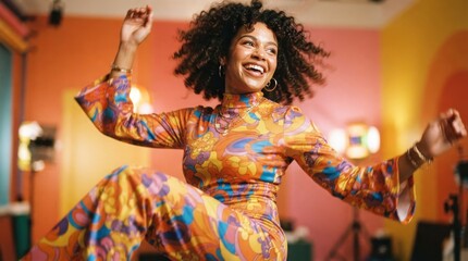 Obraz premium Happy woman with curly hair dancing in colorful retro outfit inside studio