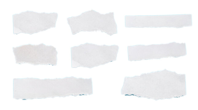 Multiple white torn paper scraps featuring jagged ripped edges and various rectangular shapes isolated for creative collage design projects presented here on transparent background