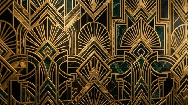 Art Deco style geometric pattern with gold lines and green marble texture