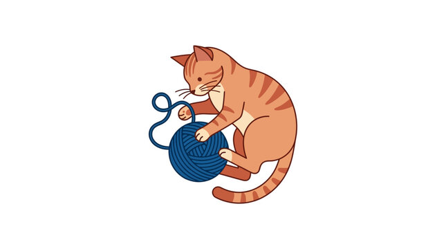 A playful ginger cat batting a blue ball of yarn in this Vector illustration, featuring a cute orange tabby kitten playing with soft blue wool