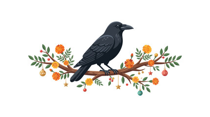 Fototapeta premium Raven perched on decorated branch, isolated, transparent background, festive, autumn, christmas elements