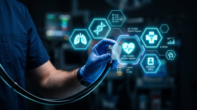 Doctor using a stethoscope with futuristic digital medical interface showing patient vitals and health data