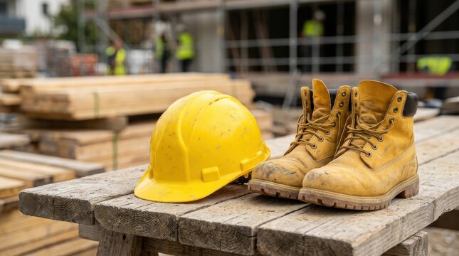 Yellow hard hat and work boots on wooden table at construction site