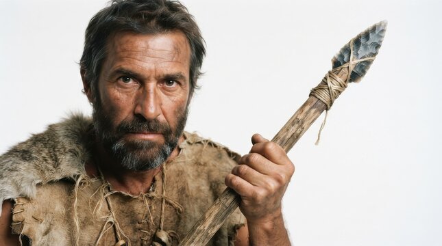 Caveman holding primitive stone spear wearing animal fur