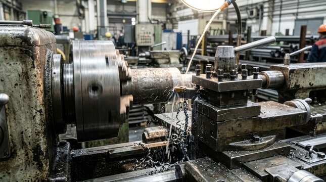 Metal lathe machine processing a steel part in an industrial factory