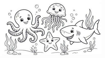 Fototapeta premium Cute ocean animals coloring page with shark, octopus, jellyfish and starfish