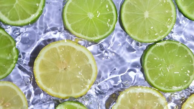 Overhead shot of juicy lemon and lime slices in clear water with ripples