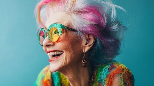 Senior woman with vibrant pink and blue hair, wearing colorful glasses and a bright outfit, smiles joyfully against a blue background, showcasing a lively and cheerful personality