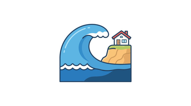 Tsunami Wave Crashing Over Cliffside House Isolated