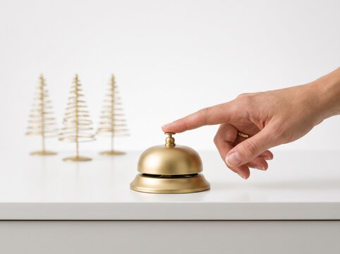 Minimalist gold service bell with hand pressing button and mini Christmas trees on white background